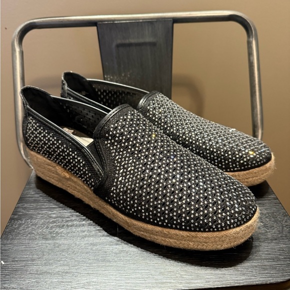 Andiamo Shoes - Andiamo Black Rhinestone Studded Espadrille Slip On Flats Womens Size 11